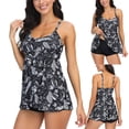 thumbnail image 2 of Jacenvly Tankini Swimsuits for Women Casual Sleeveless Contrast Color Round Neck Surfing Swimwear Skin-Friendly Ladies Flower Leaf Print Back Cutout Swimming Trunks Sling Women Split Black, 2 of 9