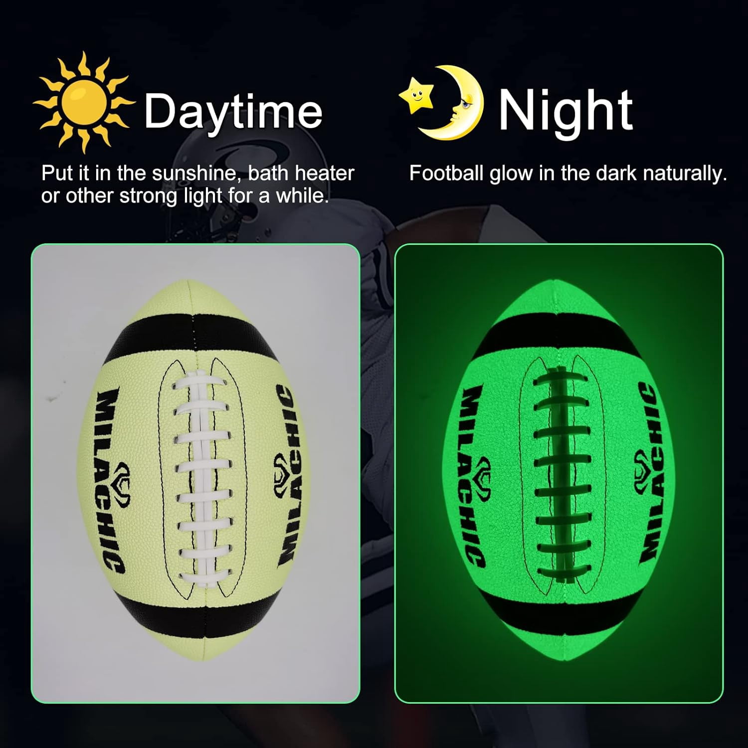 Glow in The Dark Football - Size 9 & Youth Size 6, Luminous Glowing Super Grip Composite Leather Football Balls with Pump and Carry Bag