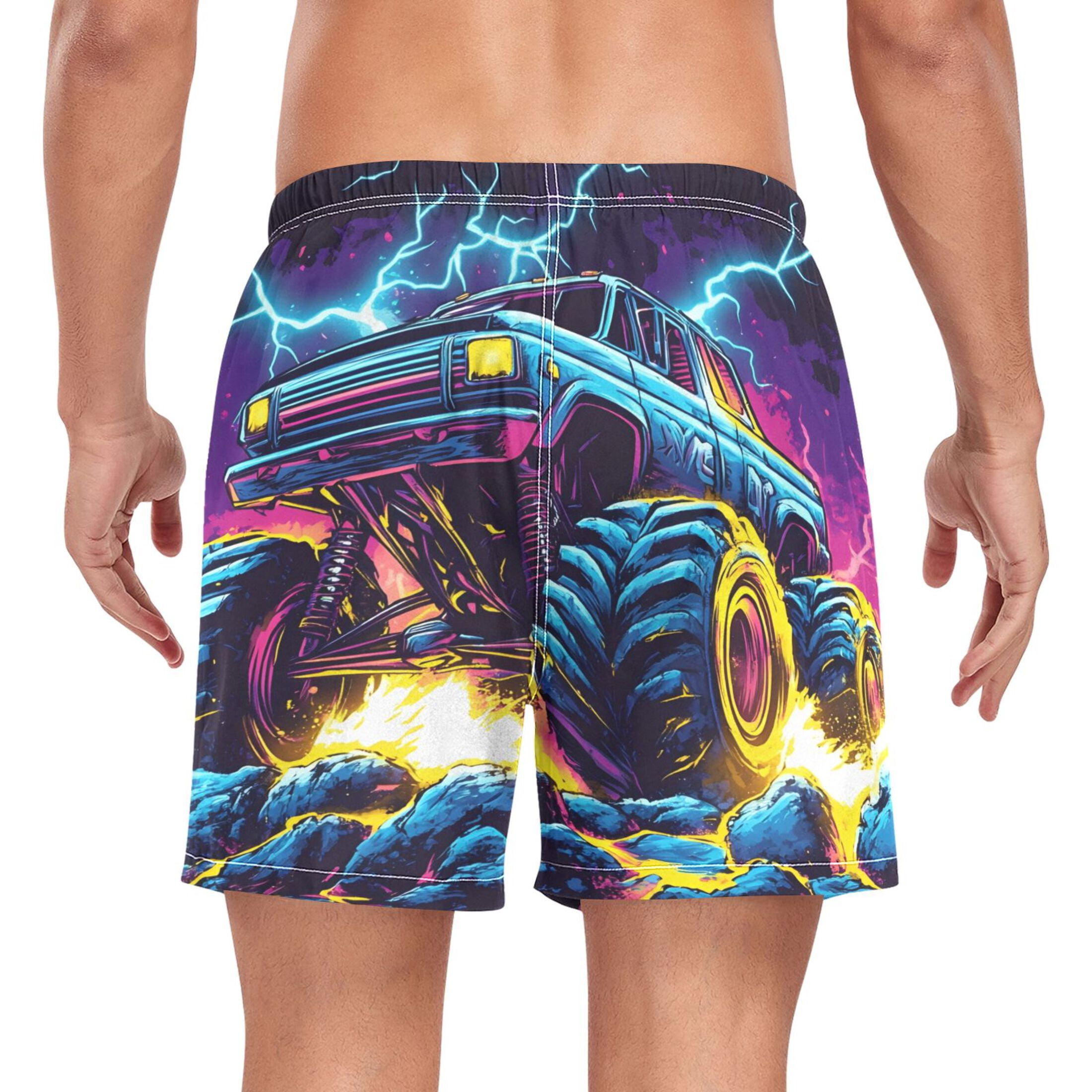 joogoo Men's Monster Truck Lightning Swim Trunks with Liner Pocket Beach Shorts Large