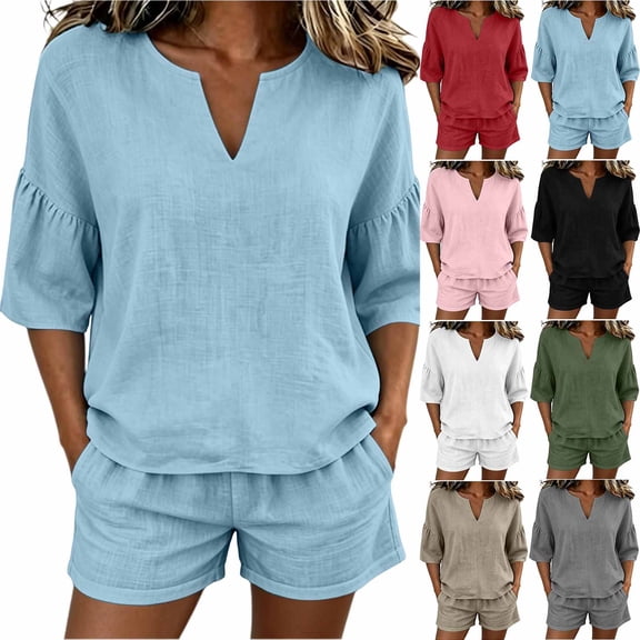 Women's Cotton Elastic Waist Two Piece Outfit V Neck Ruffle Short Sleeve Top with Shorts, Solid Casual Summer Set, Lounge Maternity Activewear Shorts | VerBelle,Army Green L