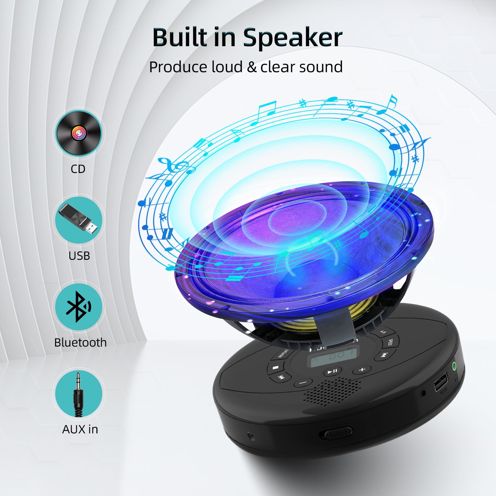 KUEPHOM Bluetooth Portable CD Player, Rechargeable Discman,Walkman CD Player Support MP3,USB,Earbud.