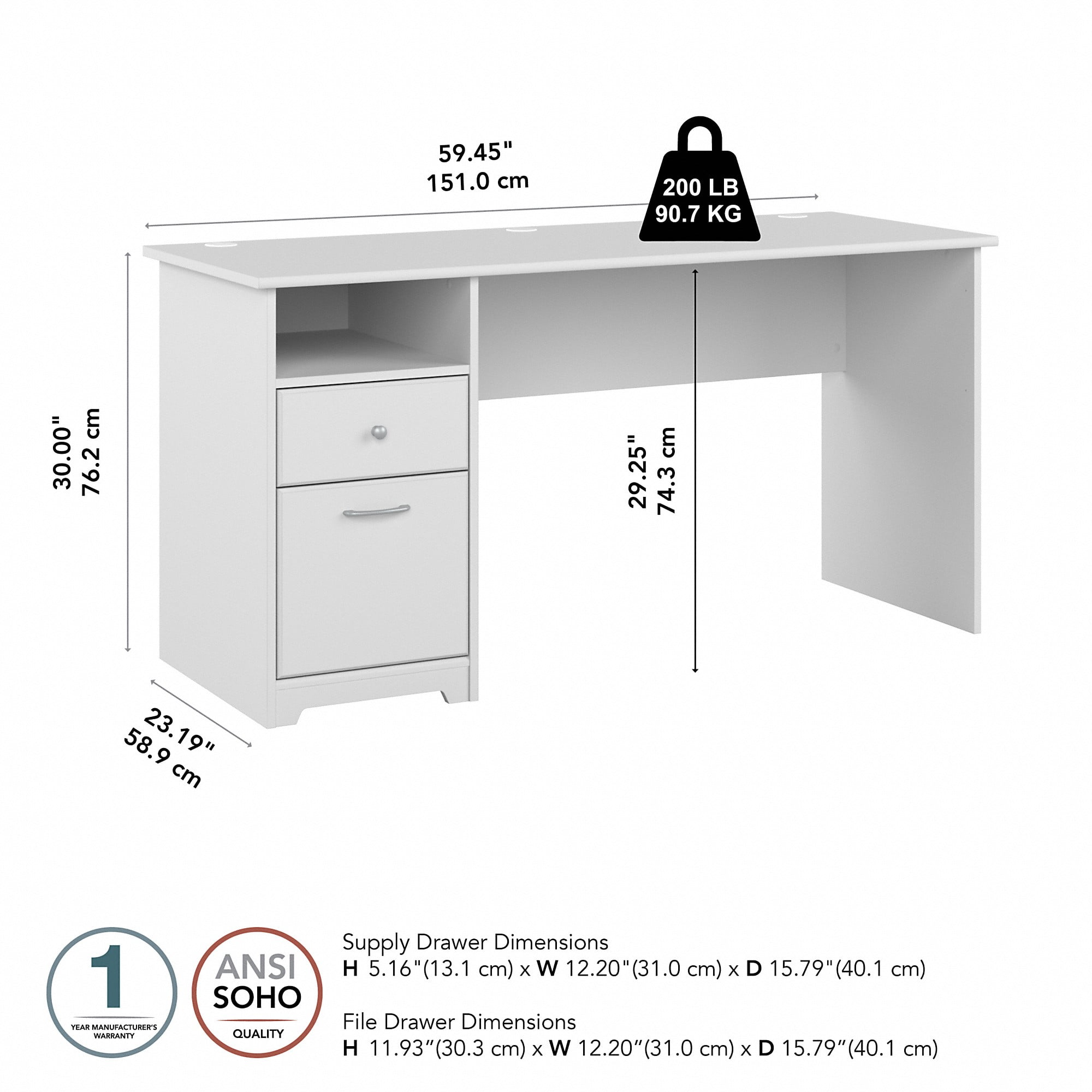 Cabot 60W Computer Desk with Drawers in White - Engineered Wood