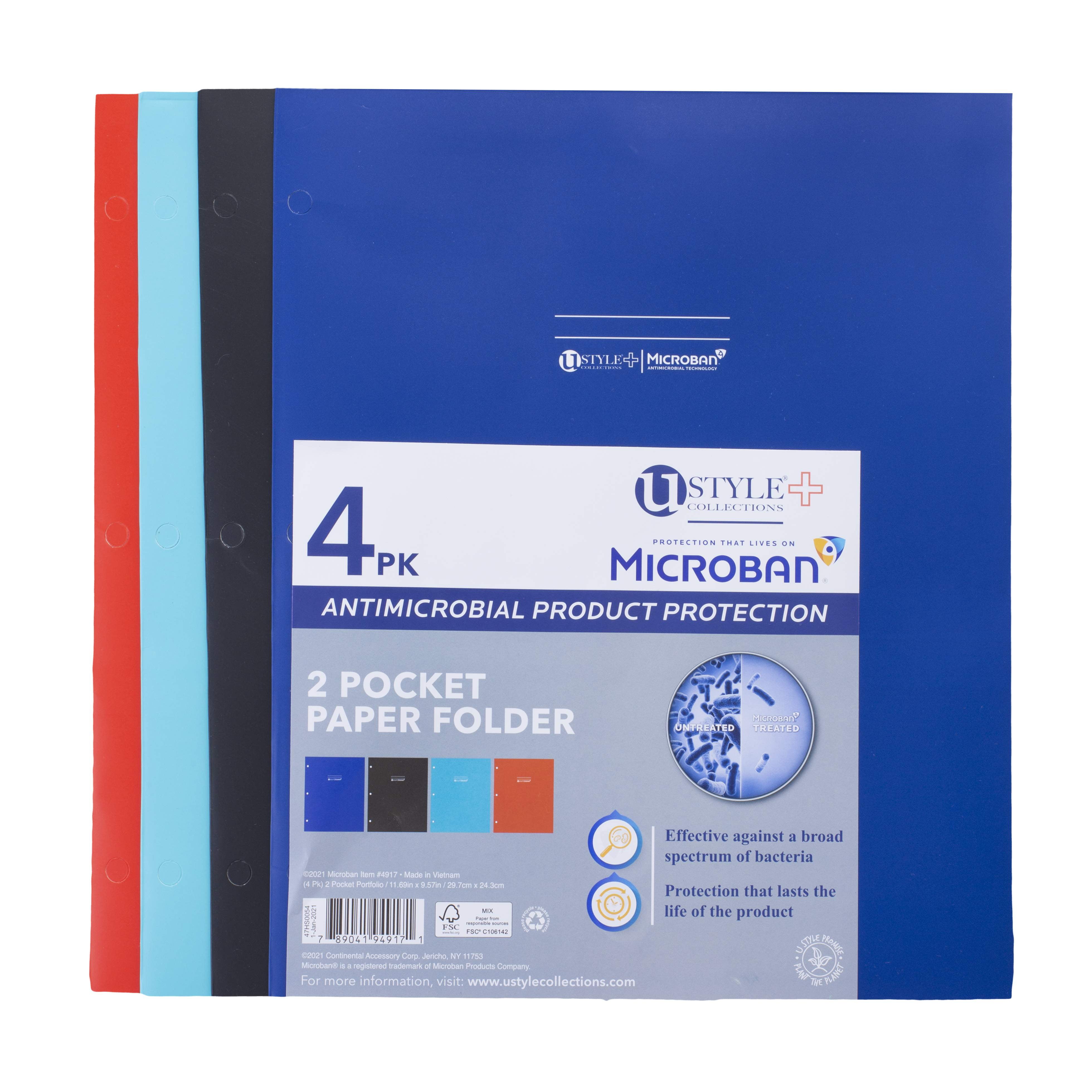 U Style Microban Two-Pocket Paper Folder, 11x9.5, Assorted, 4 per Pack