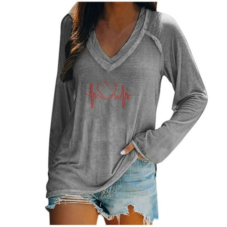 

Corset Tops for Women Oversize V Neck Long Sleeve T-Shirt Fall Winter Printed Pure Cotton Comfort Tee Shirts