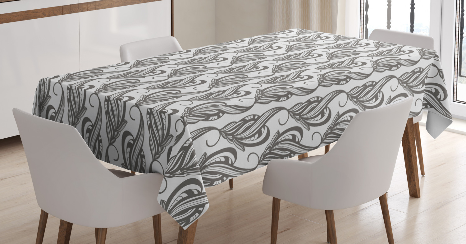 Grey and White Tablecloth, Artistic Swirling Leaves Flower Petals with an Abstract Design