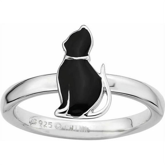 Sterling Silver Black Enameled Cat Ring