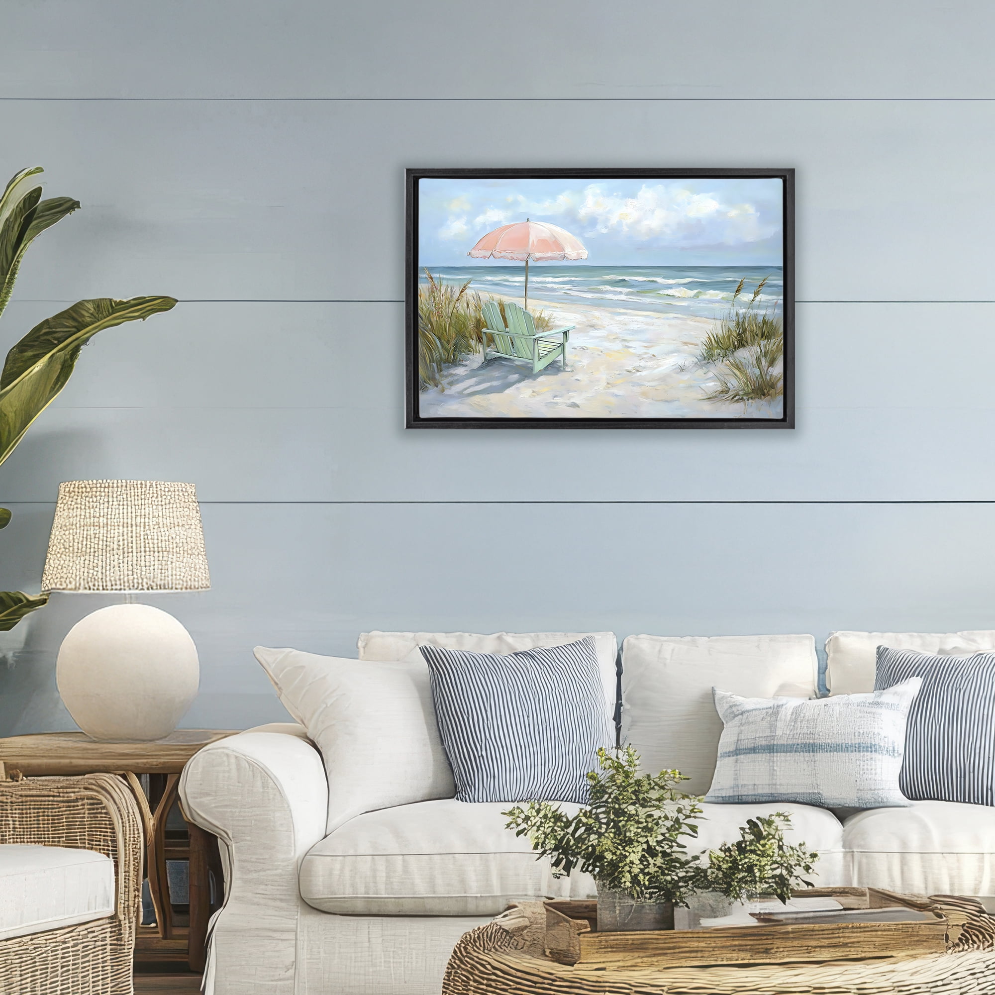 Stupell Industries Seaside Chair & Pink Umbrella Black Framed Floater Canvas Wall Art, design by Creative Studio