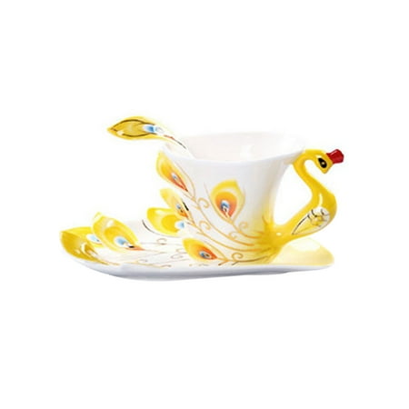 

Ceramic Cup Enamel Porcelain Saucer Spoon Coffee Tea Sets Modern Art Wedding Shaped Cup Coffee Cup Tea Cup Set Creative Ceramic Coffee Cup Set for Afternoon Tea Home Use Gift (Yellow)