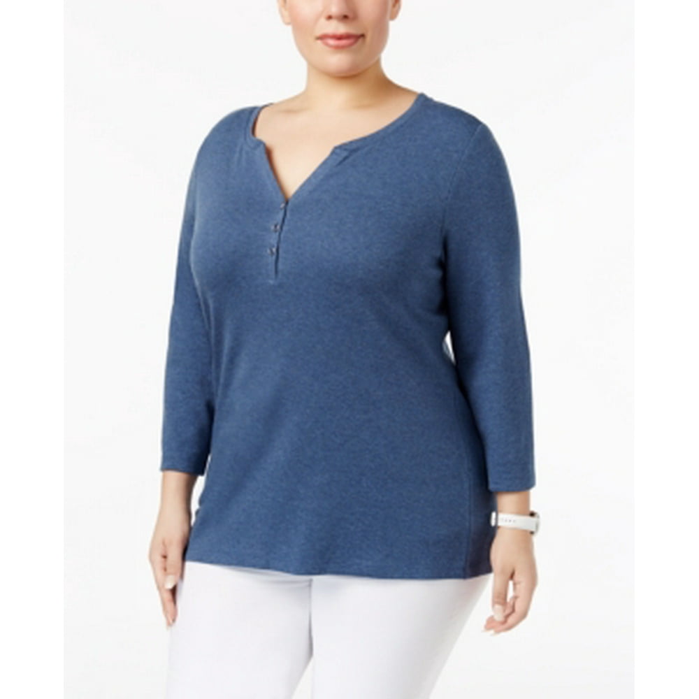 Karen Scott Karen Scott Plus Size Cotton Henley Top Heather Indigo 2X