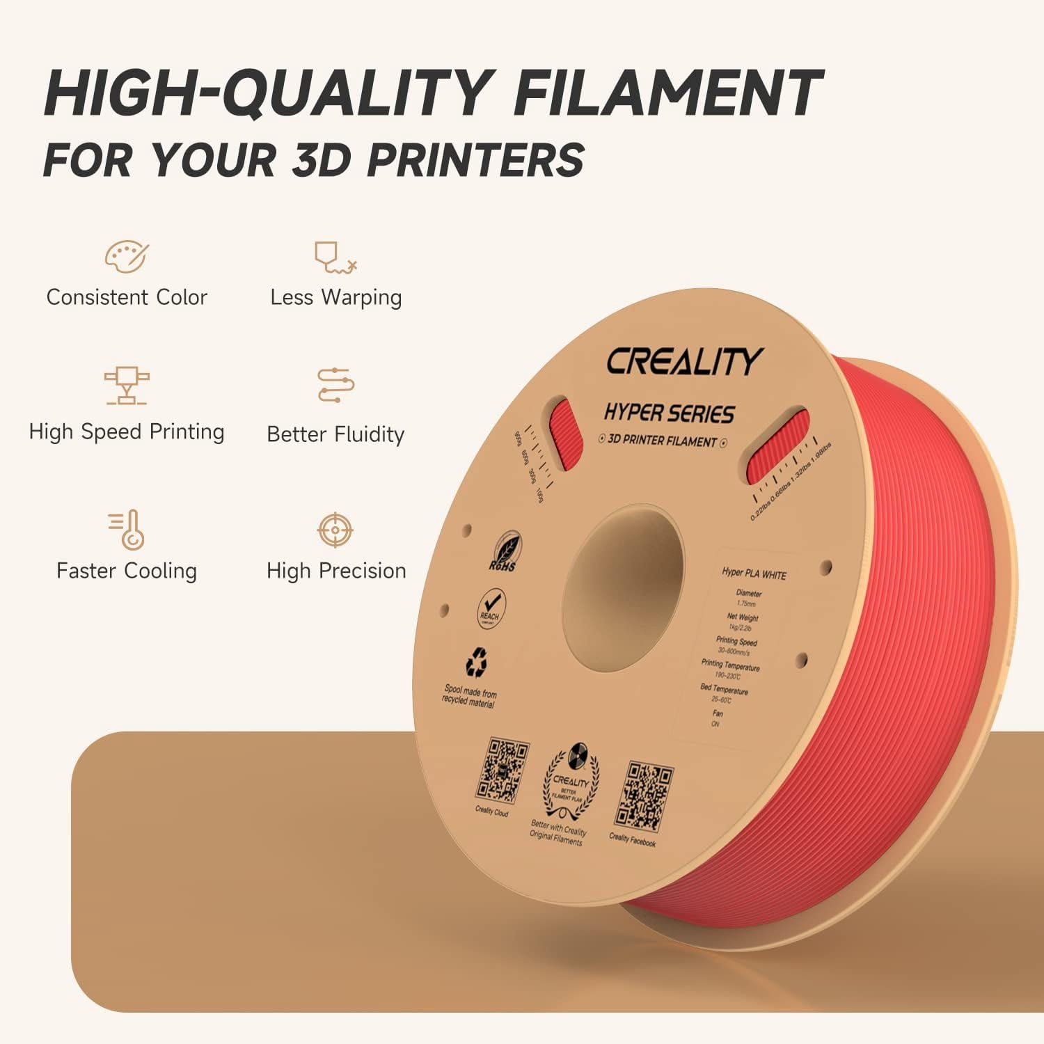 Creality Hyper PLA 3D Printer Filament 600mm/s High-Speed +/-0.03mm Accuracy For Creality K1 Max Ender-5 S1 Anycubic Prusa Bambu Red 4 Unit per pack