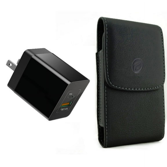 Case Belt Clip & Quick Home Charger for iPhone 15 Pro - Leather Holster Cover Pouch and 30W 2-Port USB Type-C PD Travel Q4P for iPhone 15 Pro (6.1")