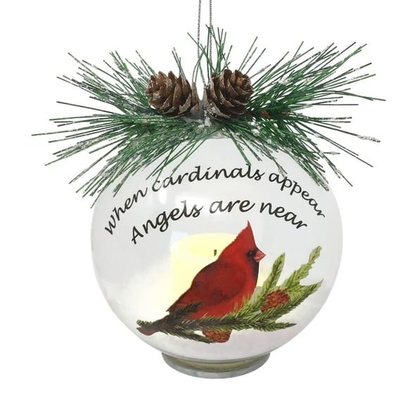 Memorial Cardinal Christmas Ornament - When Cardinals Appear Angels are Near - LED Lighted Bulb Ornament with White Glittery Snow and Votive Candle Inside - 4-Hour Timer Included - 1929