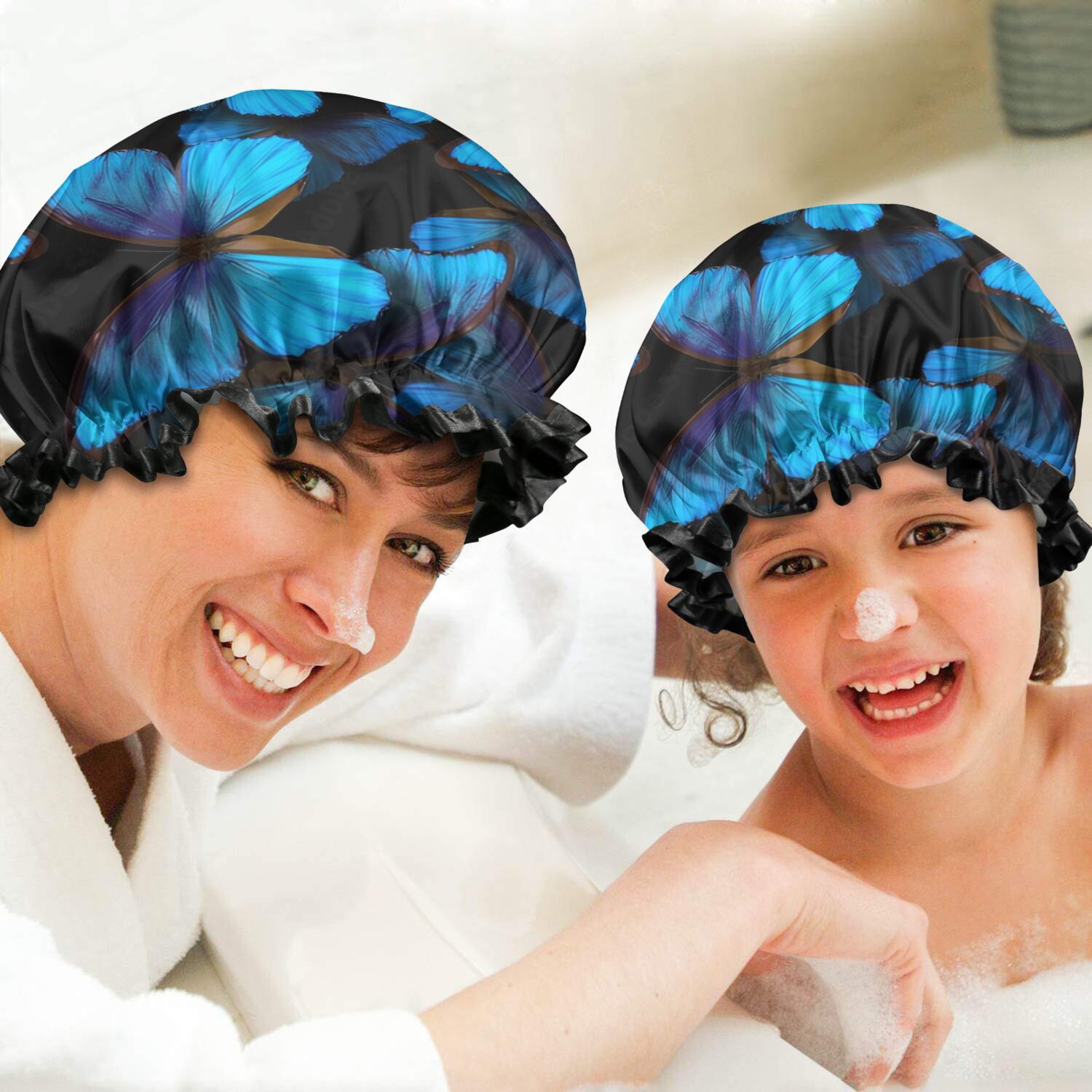 Shower Caps,Black Blue Butterfly Pattern Waterproof Shower Cap for Women 4 Pieces,Double Reusable Hair Cover for Shower PEVA Elastic Stretch Hem