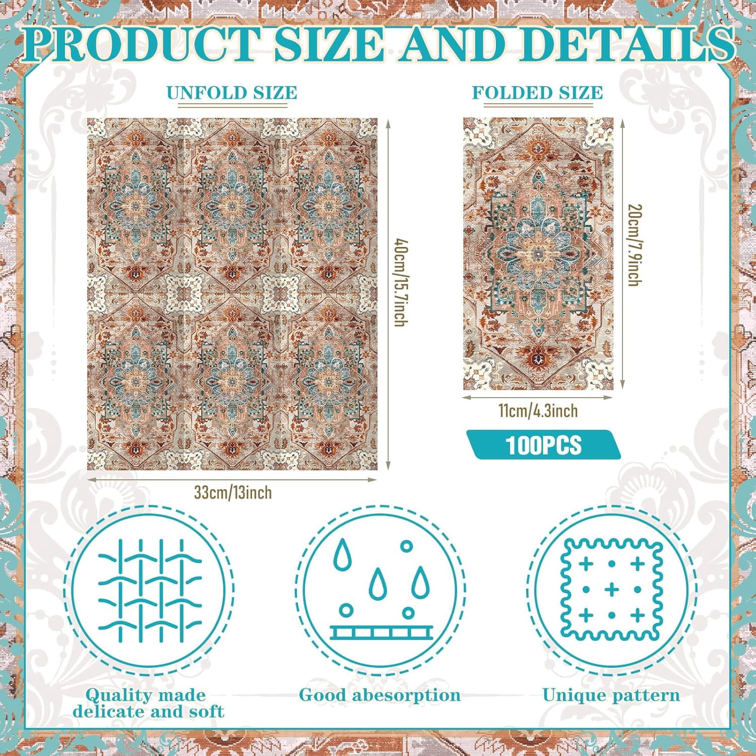 100 Pcs Vintage Boho Napkins Paper Guest Towels 2 Ply Decoupage Napkins Disposable Decorative Hand Towel for Bathroom Kitchen Wedding Party Dinner(Brick Red and Dark Blue)