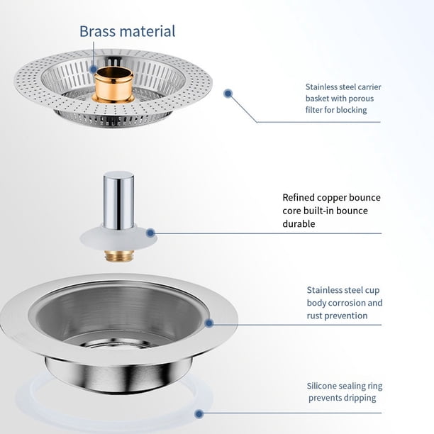 Upgraded 3-in-1 Stainless Steel Kitchen Sink Drain Strainer & Stopper – Pop- Up Design With Collection Basket, Fits 2.8-3.35 Inch Drains Upgraded 3-in-1 Stainless Steel Kitchen Sink Drain Strainer & Stopper – Pop- Up Design With Collection Basket, Fits 2.8-3.35 Inch Drains