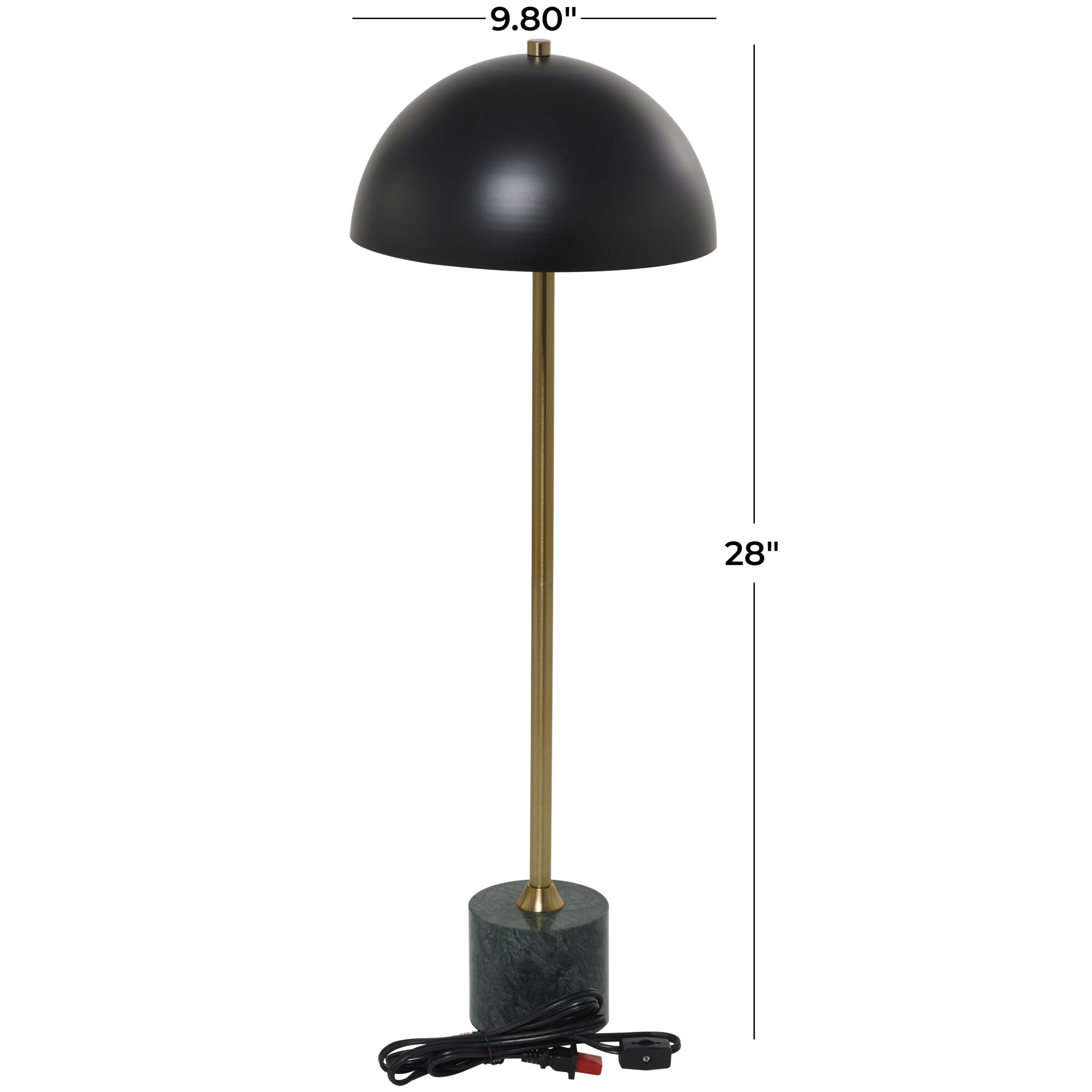 DecMode Contemporary Metal Dome Shaped Table Lamp, 10"W x 28"H with Black/Gold Metallic Finish