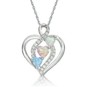 Brilliance Fine Jewelry 925 Sterling Silver Lab Created Blue, Pink and White Opal with Simulated White Diamond Heart Pendant, 18" Chain