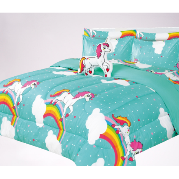 6PC Twin Unicorn blue complete bed in bag comforter bedding set with