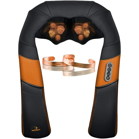 Millenti Shiatsu Back Neck Massager with Heat & Magnetic Healing Copper Bracelets, Pain Relief Deep Tissue 3D Kneading Shoulder Massagers, Home Office Car Use, CHBNSM