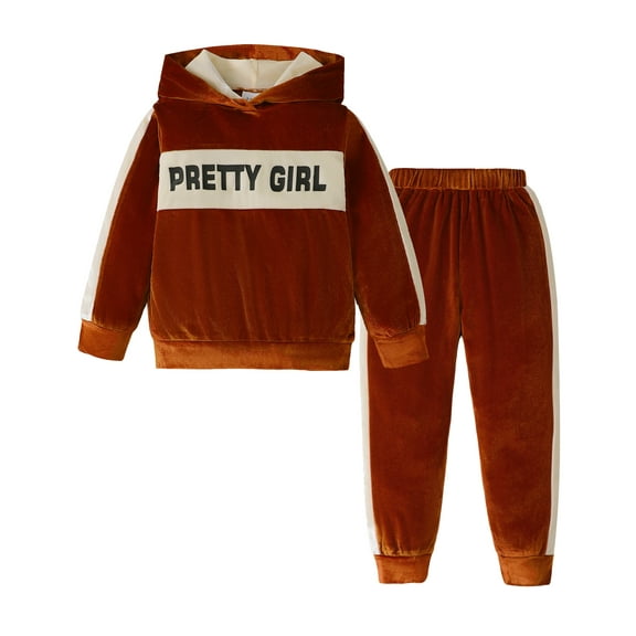 KIMI BEAR 6Y Little Girls Winter Outfits 7Y Little Gilrs Warm Furry Clothes Sets Long Sleeves Pullover Hoodie Sweatshirt Letter Color Block Hooded   Pants 2pcs Sets Brown