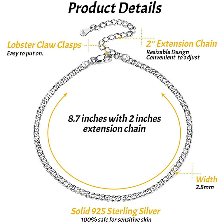 ChicSilver Sterling Silver Cuban Link Chain Anklet Bracelets Adjustable