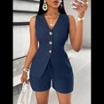 thumbnail image 4 of Conjuntos de Verano de 2 Piezas para Mujer, Sin Mangas, con Cuello en V, Abotonado, Chaleco y Pantalones Cortos con Bolsillos. Azul Marino S, 4 of 10