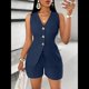 thumbnail image 4 of Conjuntos de Verano de 2 Piezas para Mujer, Sin Mangas, con Cuello en V, Abotonado, Chaleco y Pantalones Cortos con Bolsillos. Azul Marino L, 4 of 10