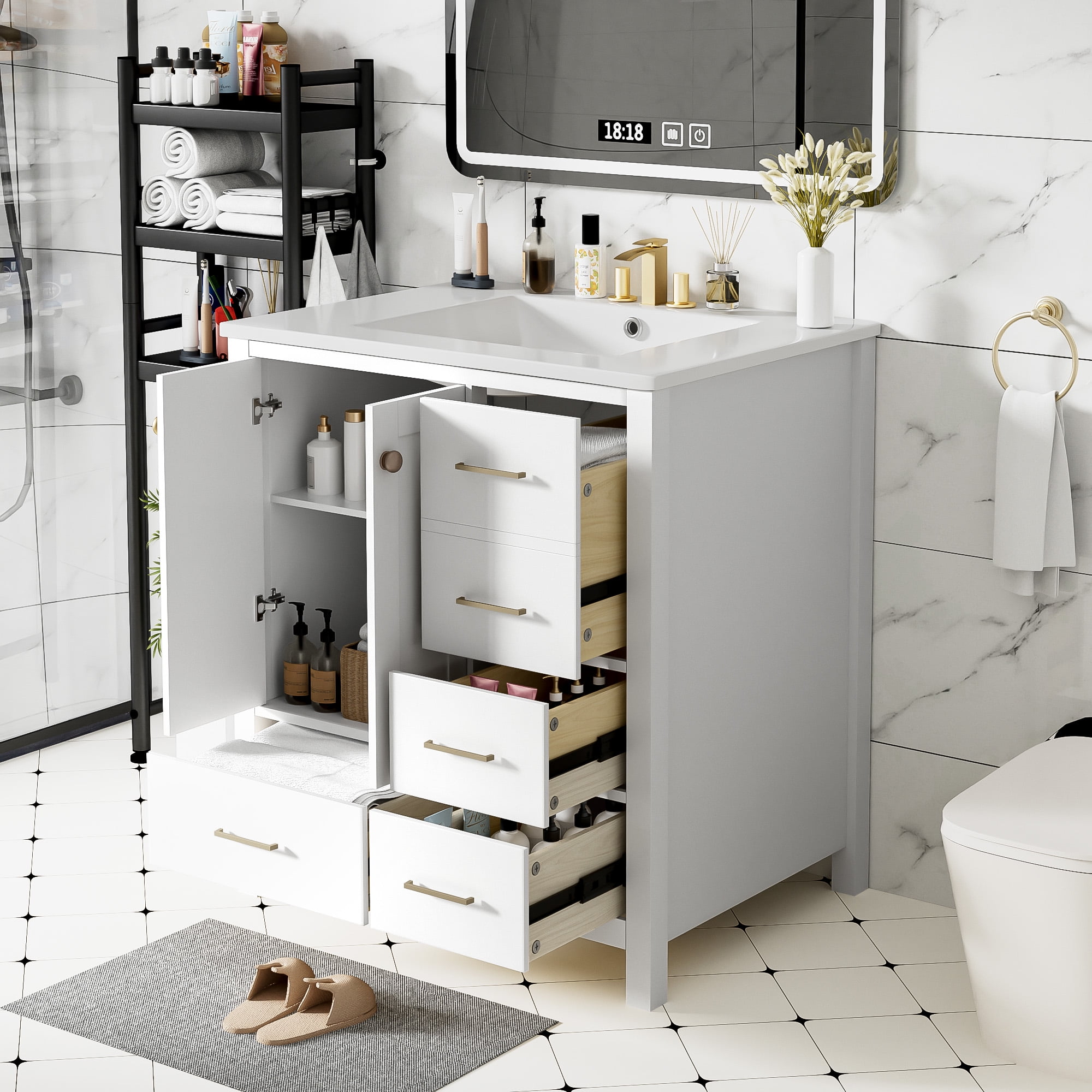 Euroco 30'' Bathroom Vanity with Ceramic Sink Combo, Solid Wood Frame Bathroom Storage Cabinet, Freestanding Vanity Set with 4 Drawers& Soft Closing Doors, White