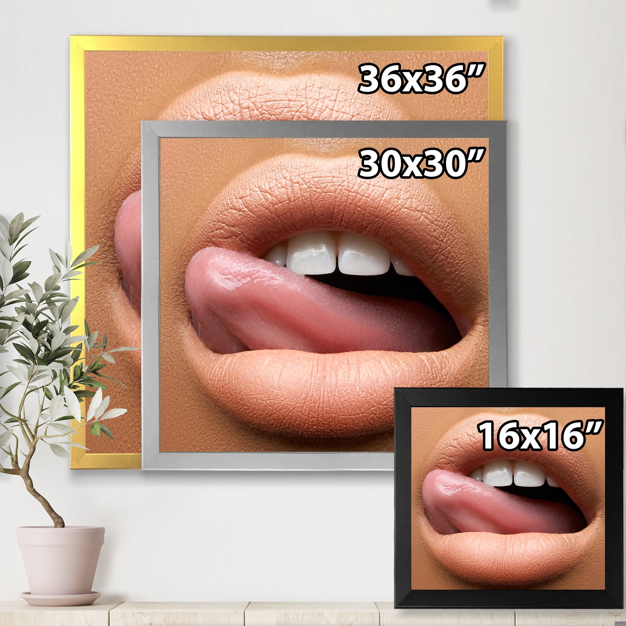 Designart 'Beautiful Dark Skinned Female Tongue Touching Lips' Modern Framed Art Print