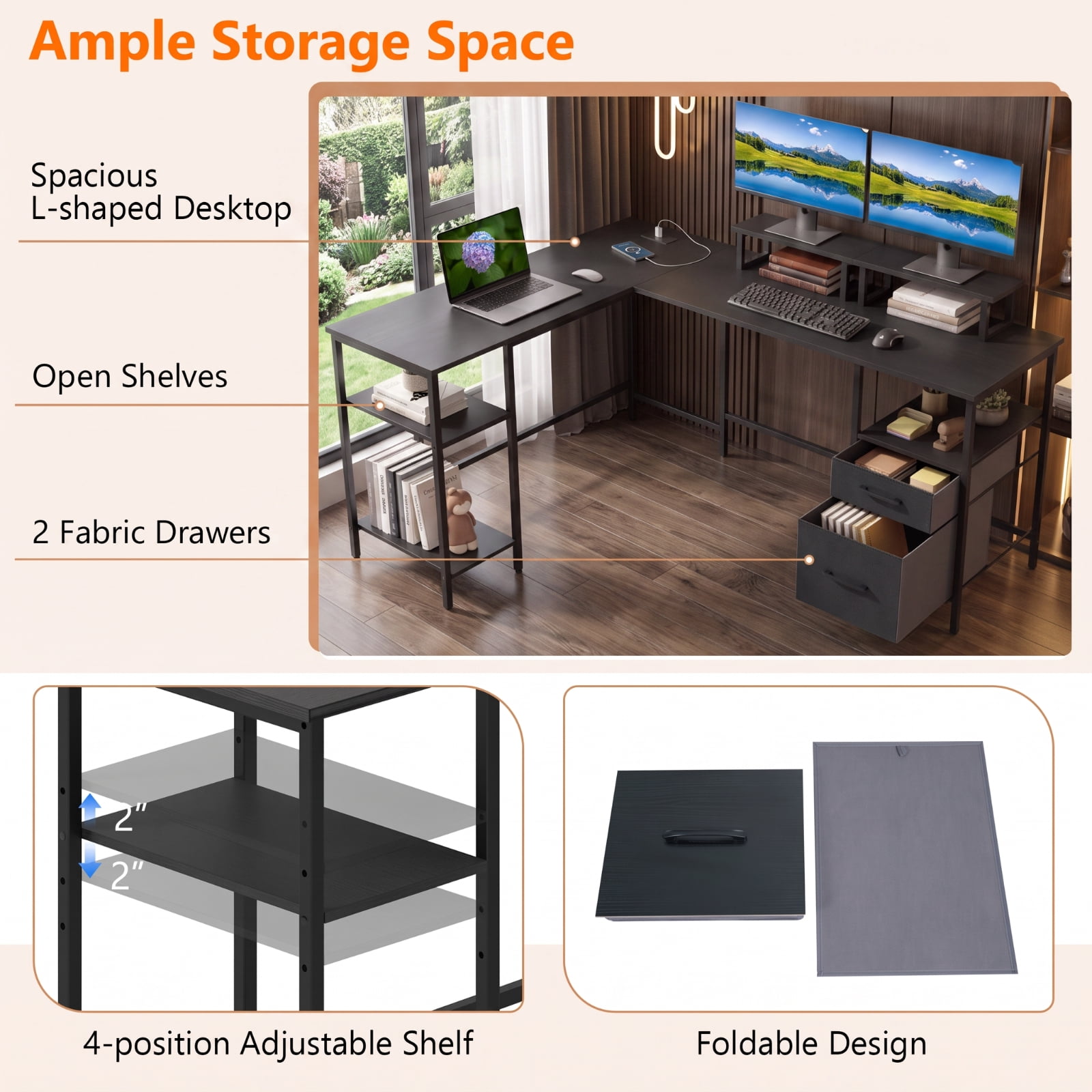 Furnibear L Shaped Desk with Power Outlet, Reversible Corner Computer Desk with Monitor Stands and 2 Drawers for Home Office Gaming, Rustic Brown