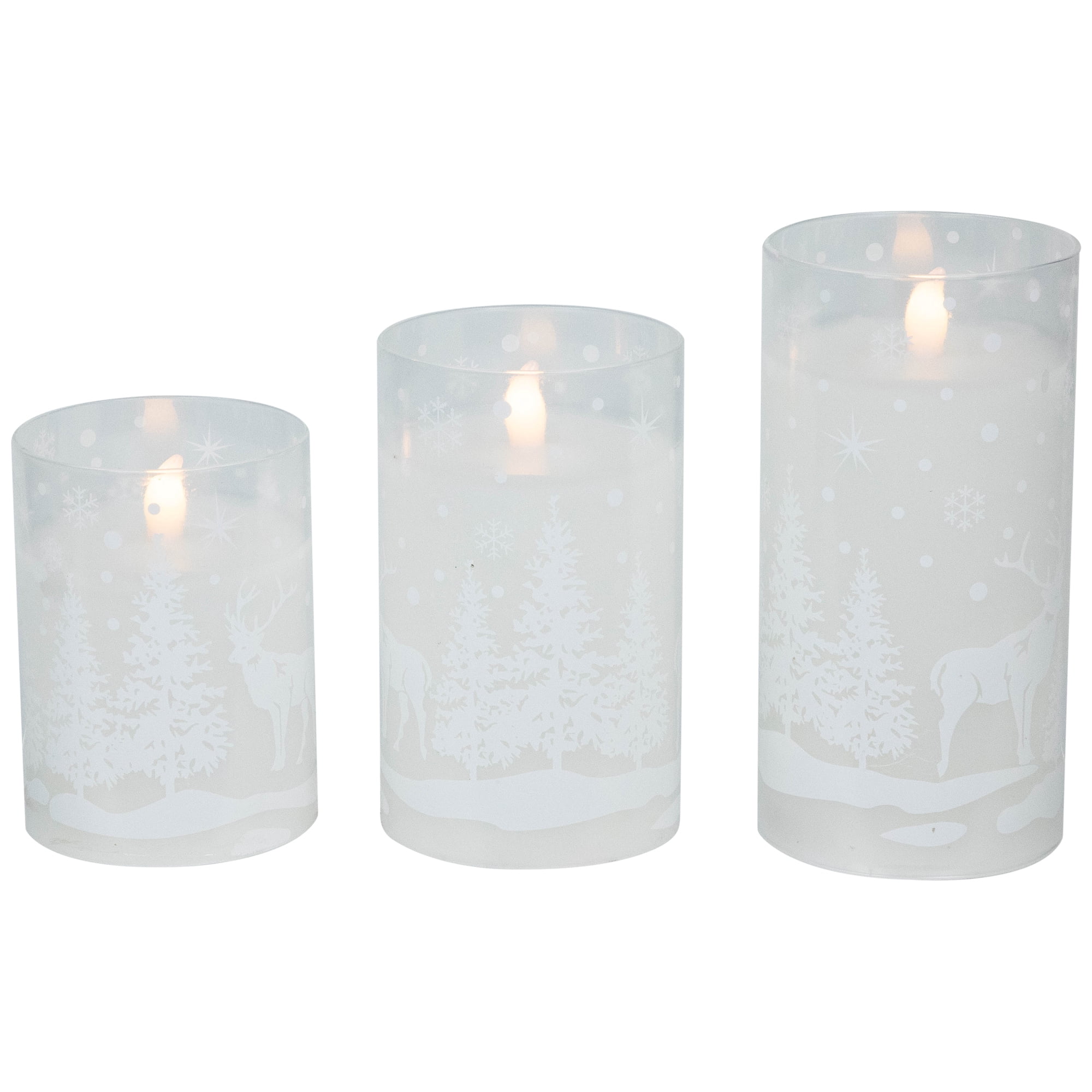 Northlight LED Flameless Flickering Snowy Woodland Glass Christmas Pillar Candles - 6" - Set of 3
