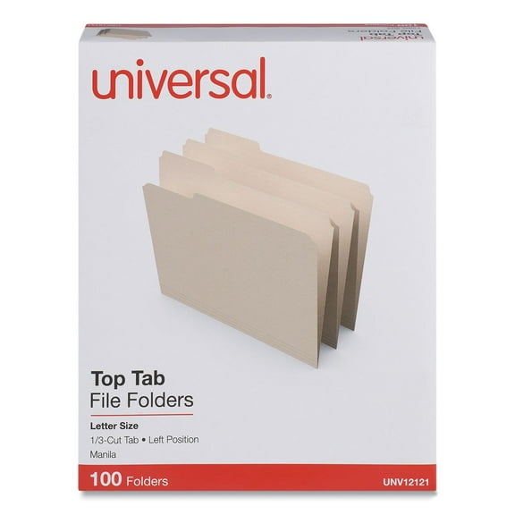 Universal File Folders, 1/3 Cut First Position, One-Ply Top Tab, Letter, Manila, 100/Box -UNV12121