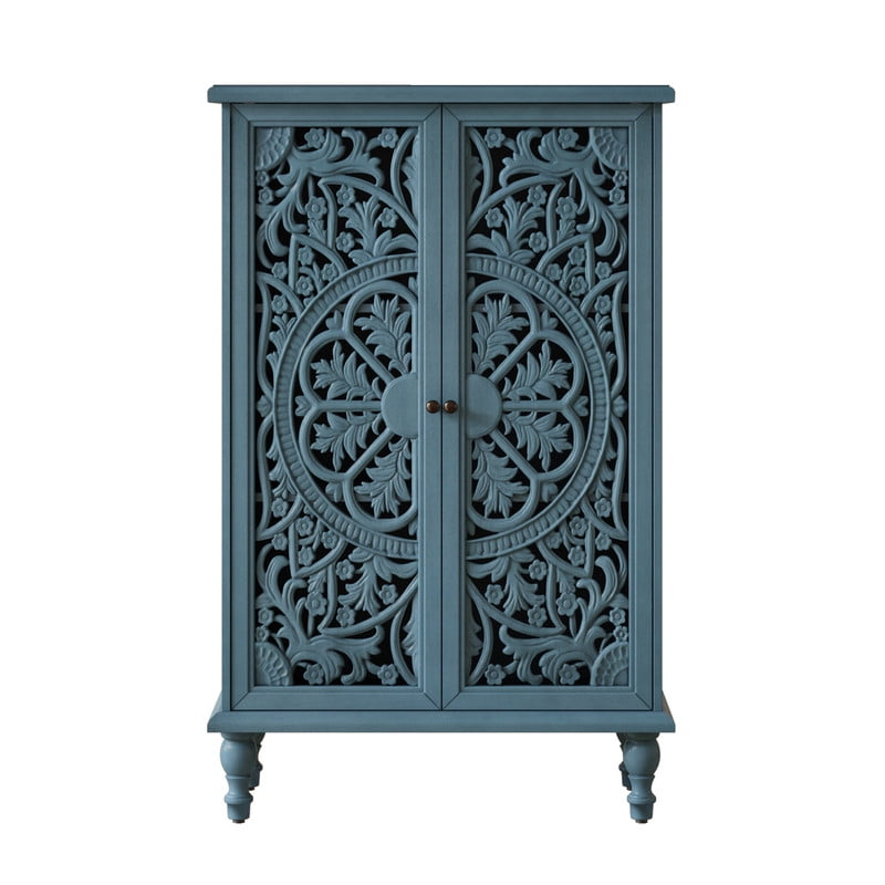 Freestanding Accent Storage Cabinet with Hollowed Out Carved Double Door, Farmhouse Display Buffet Chest with Adjustable Shelf