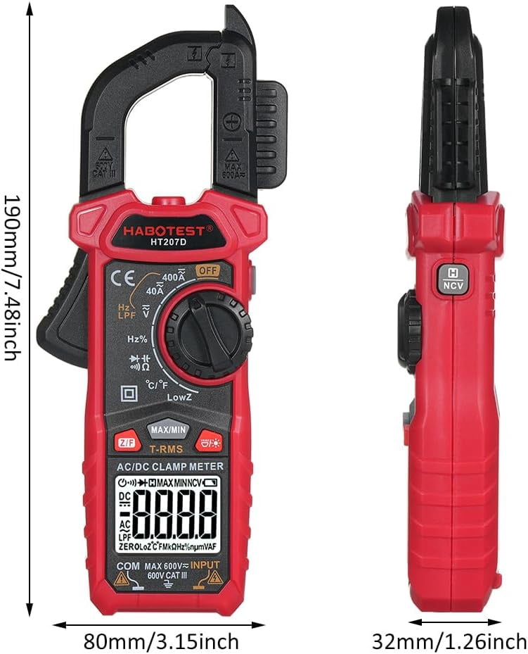 HT207D 4000 Counts Digital Clamp Meter, Handheld Multimeter, AC DC Voltage, Current Voltmeter, Diode Resistance, High Precision Multifunctional Digital Display Clamp Meter