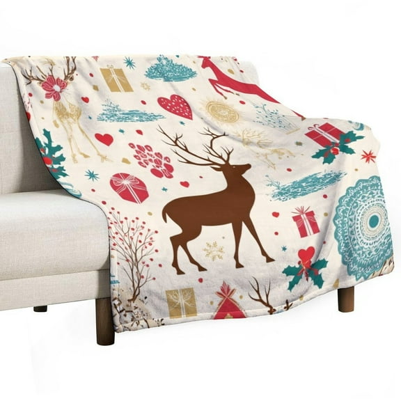 Christmas Reindeer And Hearts Pattern Throws Blankets for Sofa Bed Winter Plush Warm Blanket Holiday Gifts