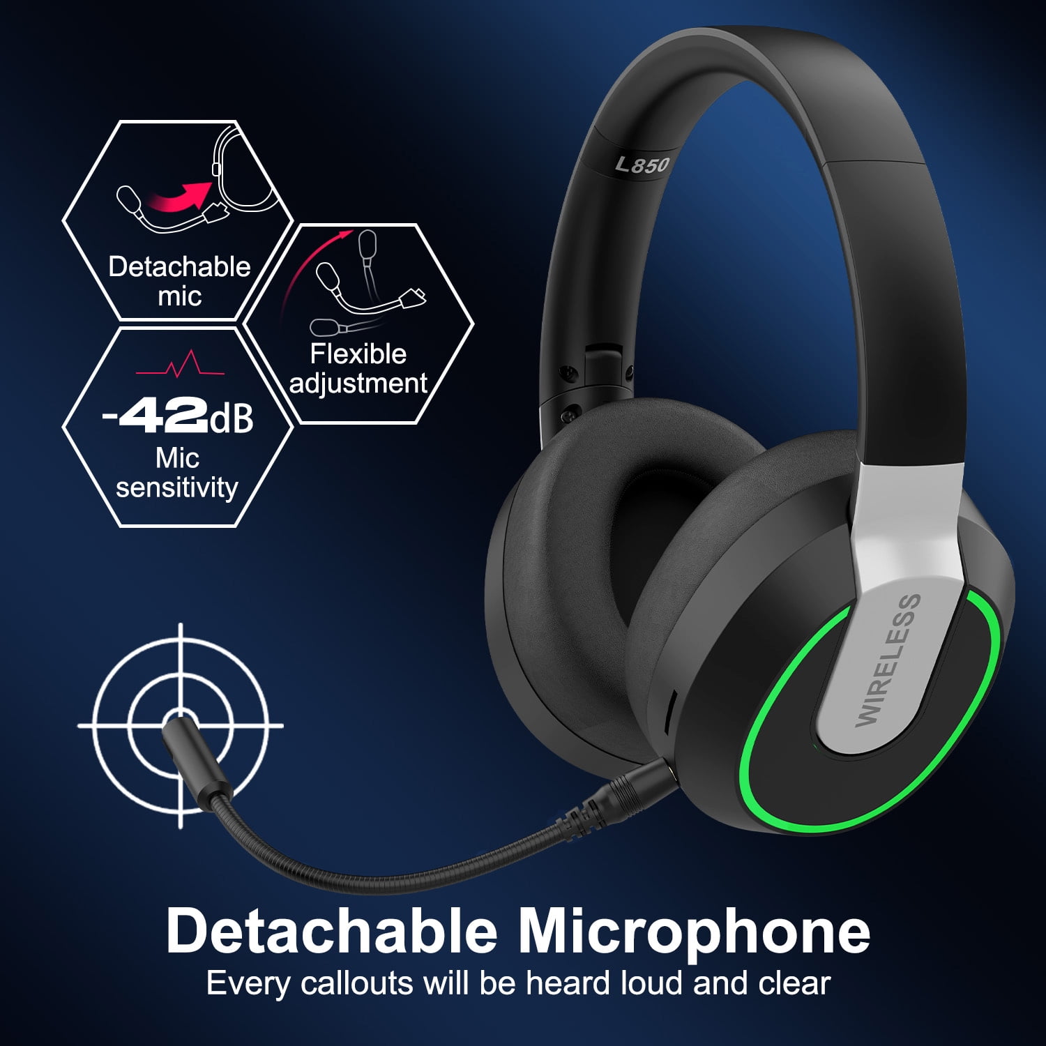 Wireless Gaming Headset, 2.4G/Bluetooth Gaming Headphones with Detachable Noise Cancelling Mic, RGB Over Ear Headphones with Stereo Bass Surround, 3.5mm Wired for PS4 PS5 Xbox PC, Black