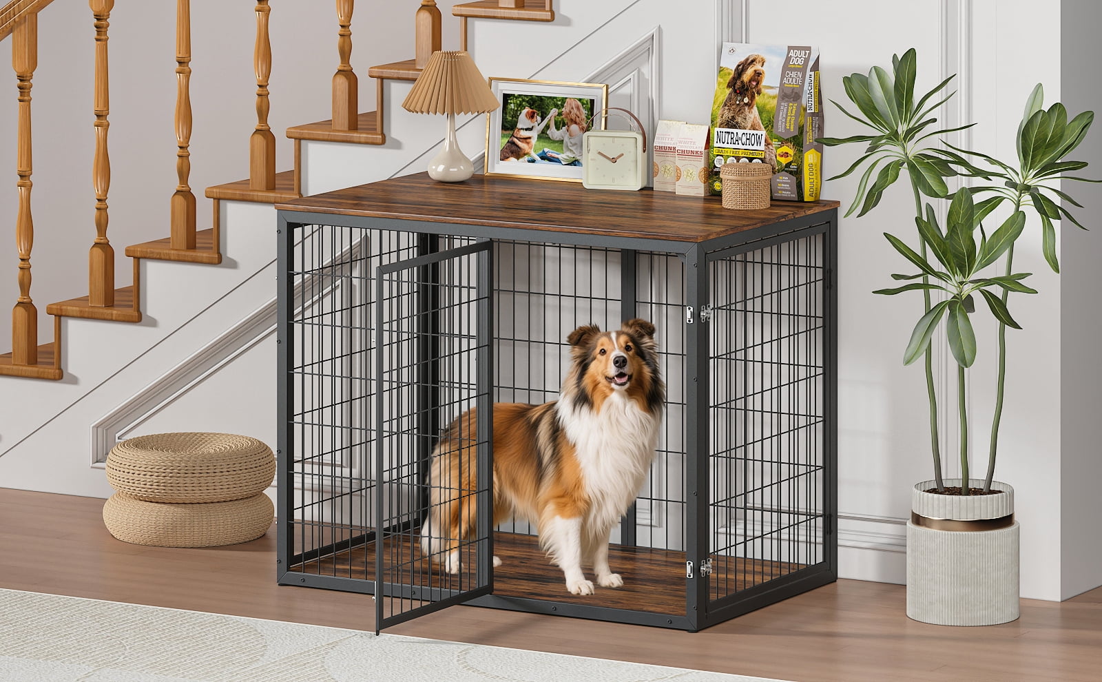 Dog Crate Furniture, Three Door Kennel, Rustic Brown Pet House with Ventilated Metal Frame and Storage Top, Large Dog Cage for Living Room, 47 Inch Brown