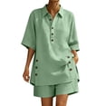 thumbnail image 2 of Cagogo Women Plus Size 2 Piece Shorts Set Casual Summer Cruise Outfits Loose Collared Short Sleeve Shirt Comfy Pants Matching Lounge Tracksuits Travel Airport Outfit Clothes, Green S, 2 of 7