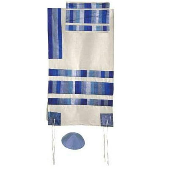Judaica Kingdom YE-TRA-3-1 Raw Silk Appliqued Collection - Blue Raw Silk Appliqued Stripes Tallit by Yair Emanuel Small