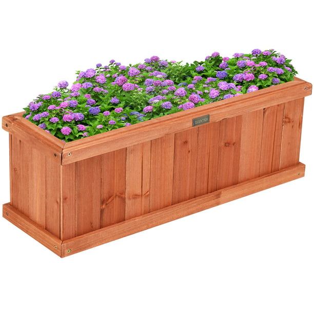 28 Inch Wooden Flower Planter Box, Rectangular Wooden Box For Flowers