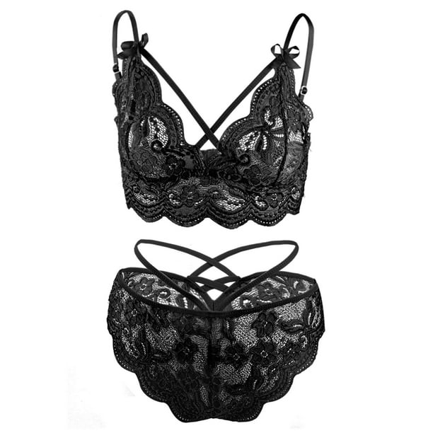 Spencer Sexy Lingerie Set for Women, 2Pcs Floral Lace Strappy Bralette and  Panty Set for Valentine's Day (2XL/3XL, Black)