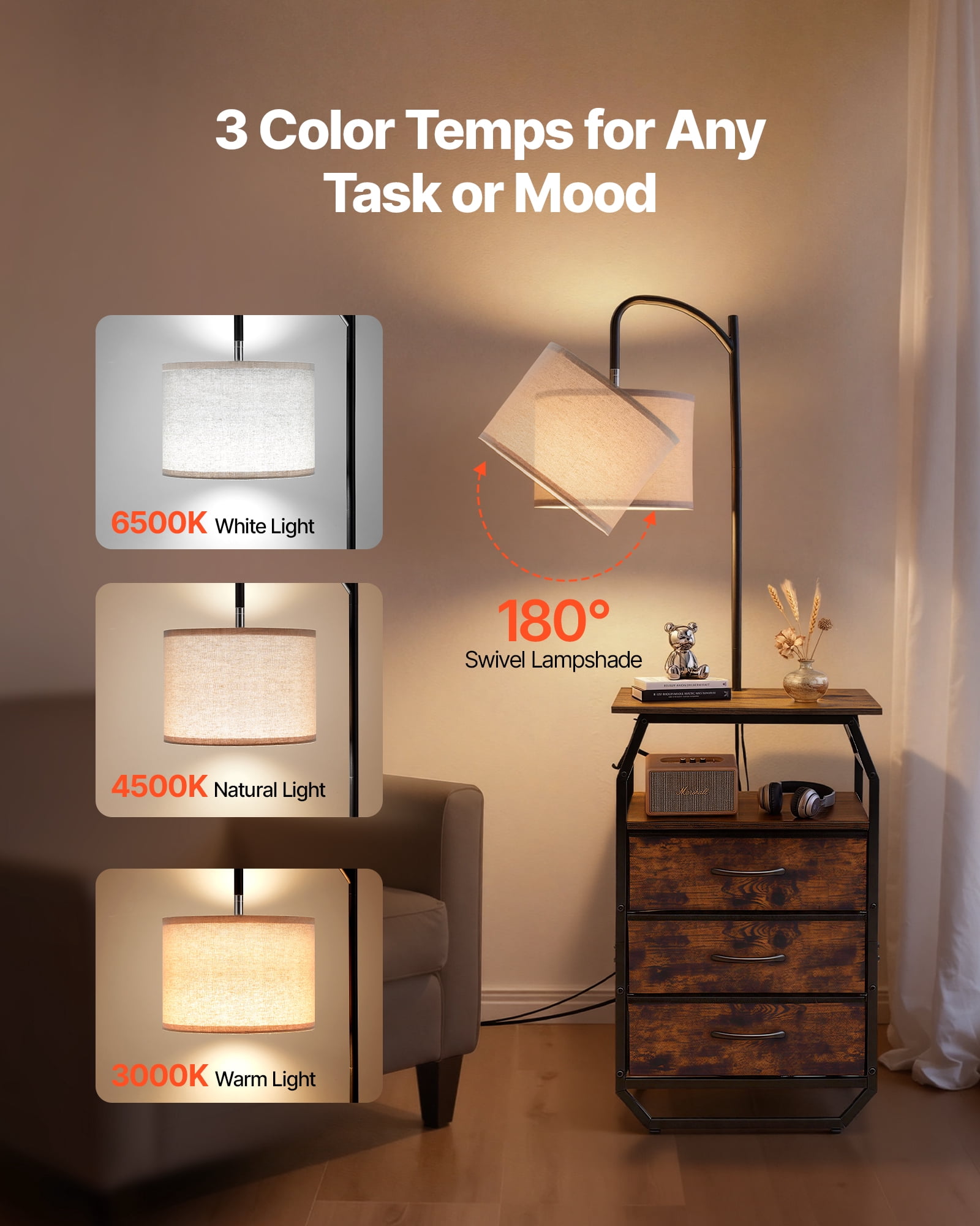 KFFKFF Floor Lamp with Table, End Table Featuring Charging Station, 3 Drawers and Adjustable Lighting, Perfect for Living Room, Bedroom, or Dorm