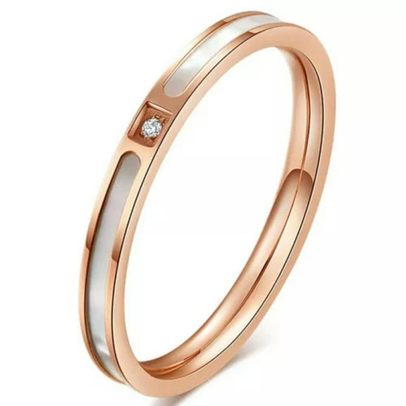 2MM Unique AAA CZ Rose Gold Band Womens White Shell Stainless Steel Wedding Ring