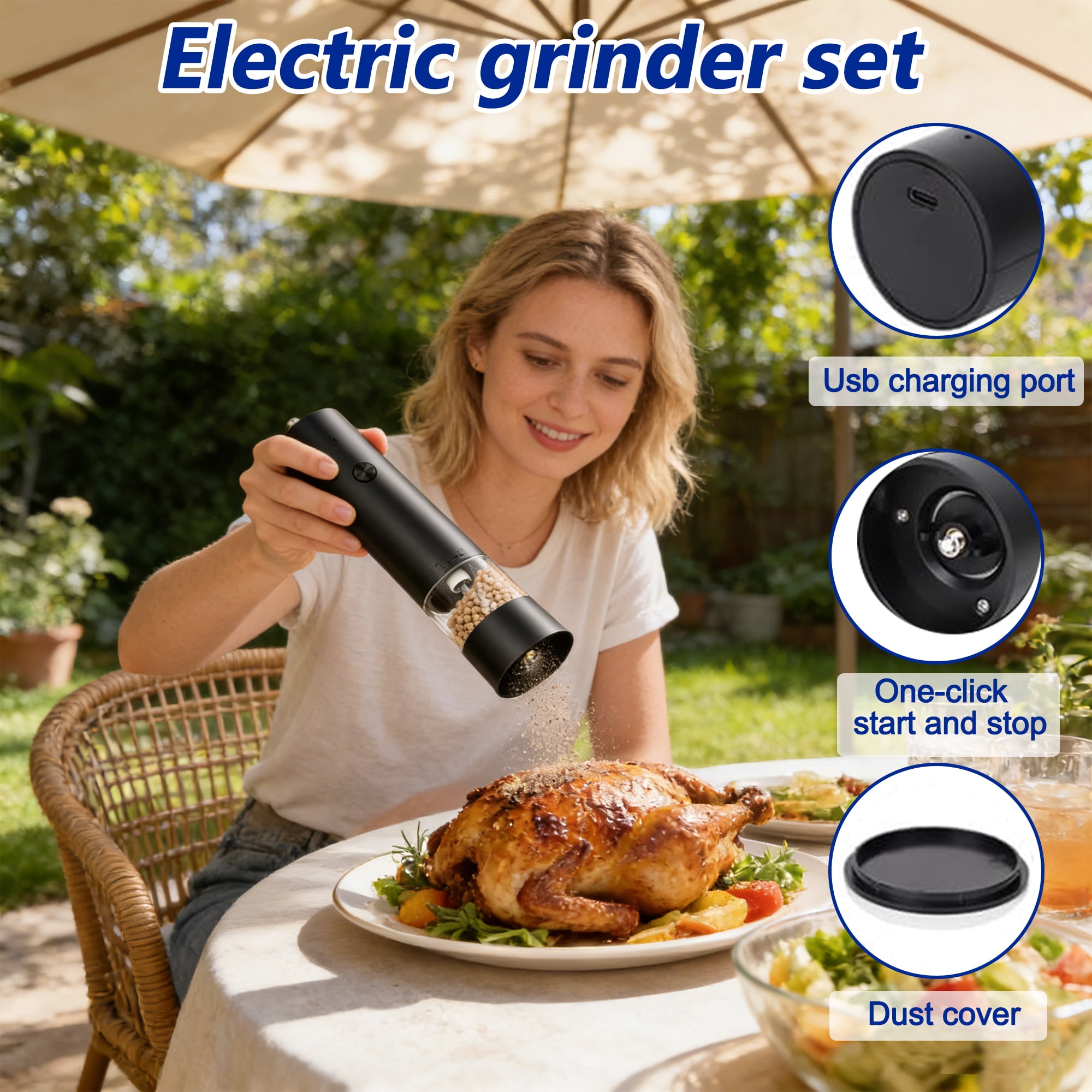 Electric Salt and Pepper Grinder Set, Automatic Salt Pepper Mill Grinder, Rechargeable Salt and Pepper Shakers Mills, Adjustable Coarseness One Hand Operation for Kitchen