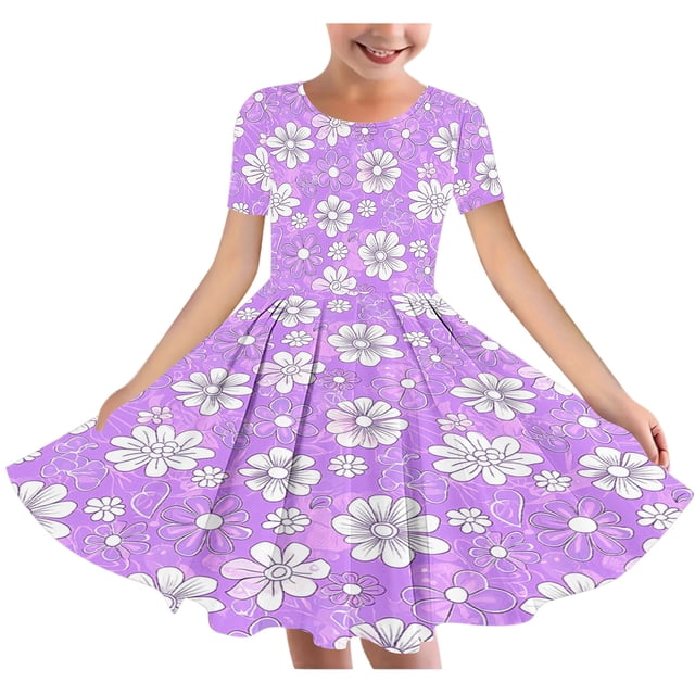 RXIRUCGD 2025 Summer Clothes for Kids Girl's Flower Print Short Sleeve Stretchy Dress Summer Sleeve Round Neck Dress Dance Skirt for Kids