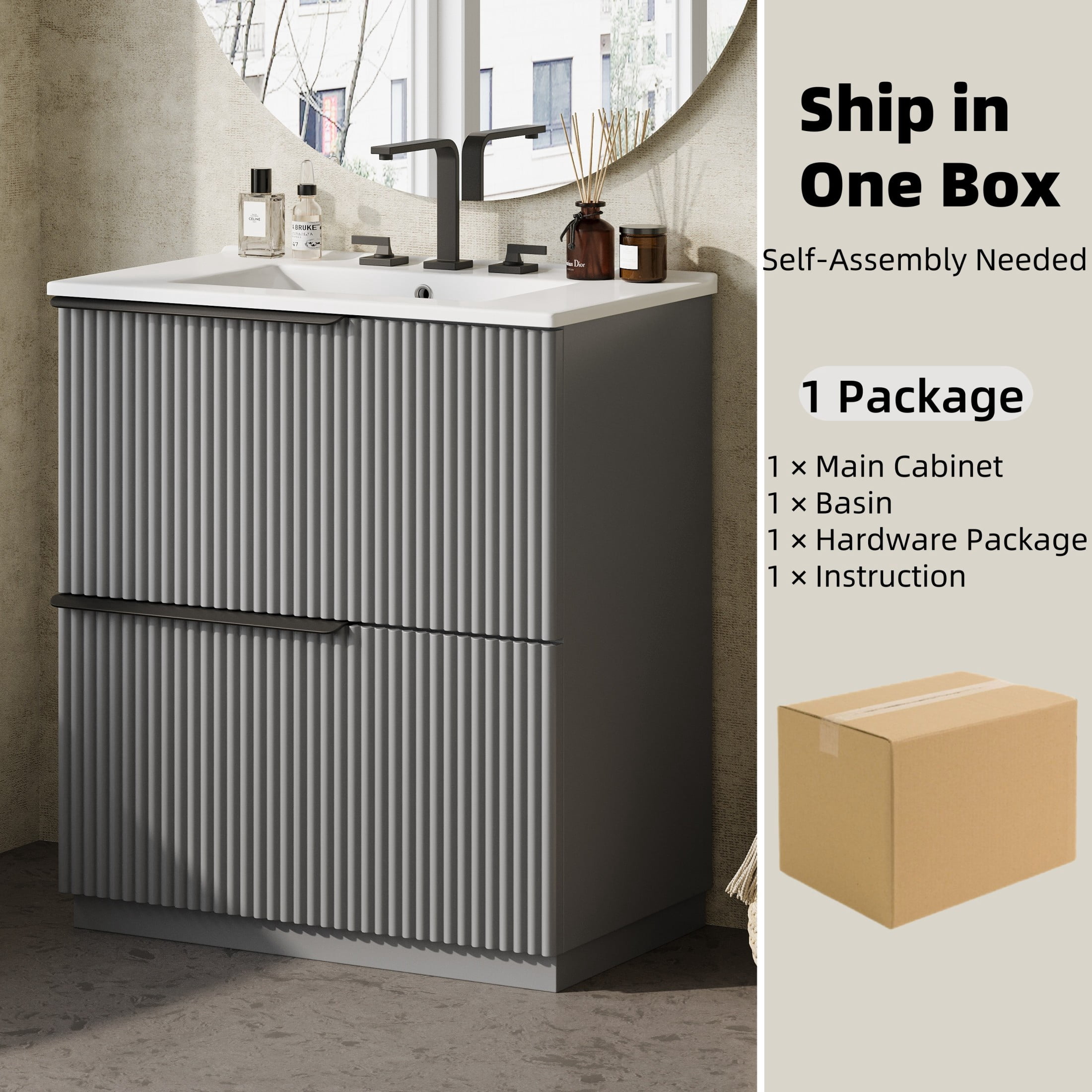 Christopher Knight Home 30" Bathroom Vanity with Sink, Soft-Close Drawers & Fluted Design, Gray