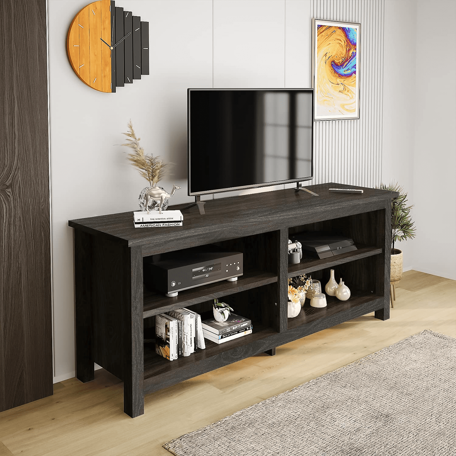 47 in TV Stand Console with Storage Shelves Cabinet in Black and Cherry Wood 