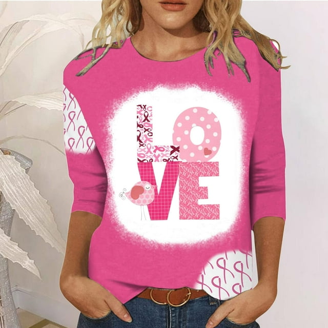 TIMIFIS Chandails de Sensibilisation au Cancer du Sein pour Femmes Ruban Chandail à Manches Longues Blouse Imprimée T-shirt Ample Blouse à Manches 3/4 Col Rond Hauts Décontractés Automne/hiver