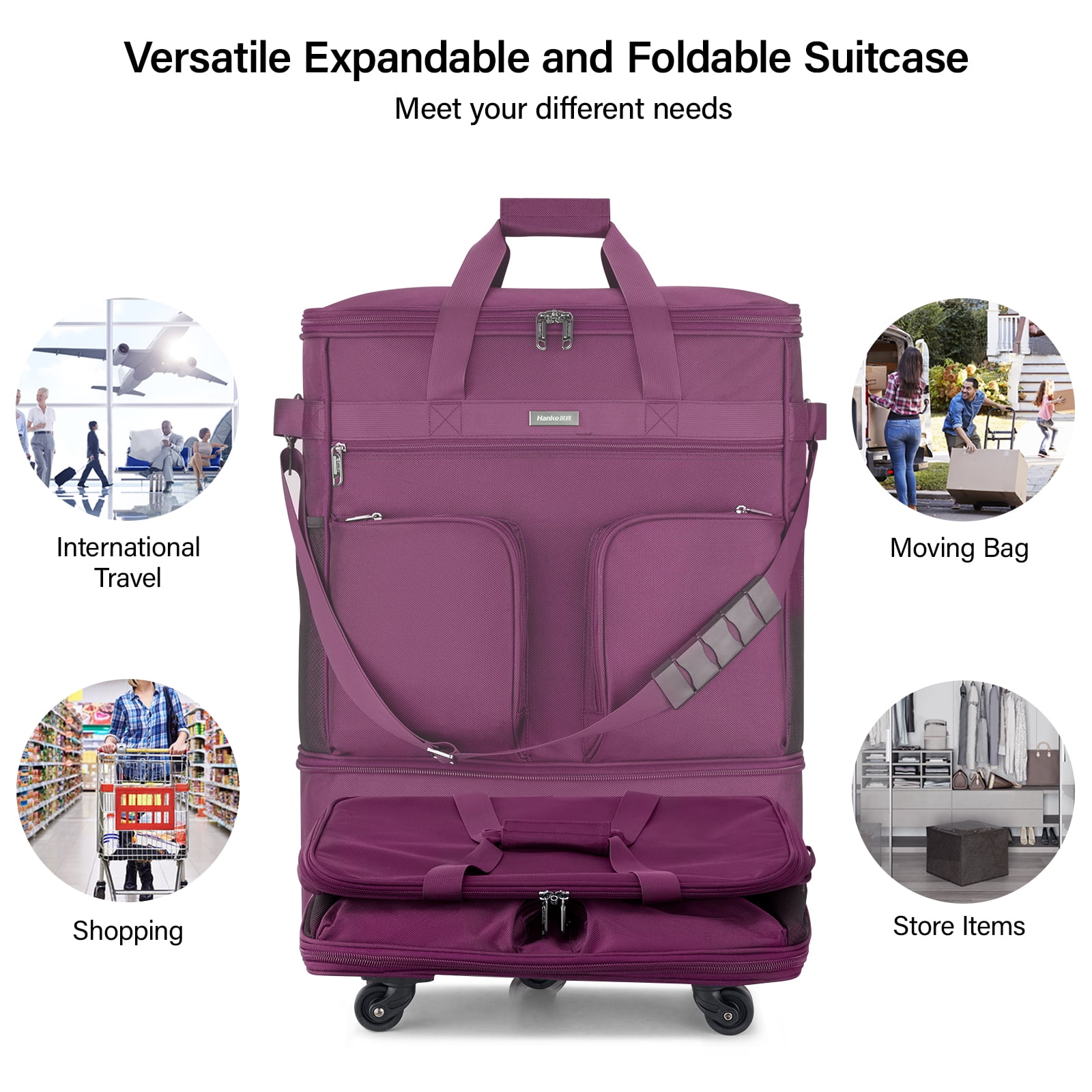 Hanke Suitcases with Wheels Expandable Foldable Luggage Bag Suitcase Collapsible Rolling Travel Bag Duffel Bag for Men Women Lightweight Suitcases,Purple