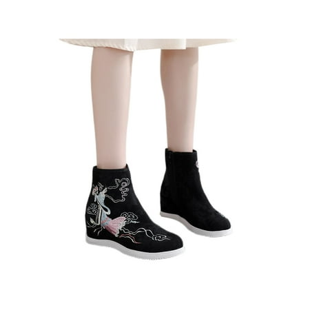 

Oucaili Womens Lightweight Vintage High Top Shoes Party Comfort Side Zipper Ankle Boots Embroidered Booties Cotton Lined Fairy Black 6.5